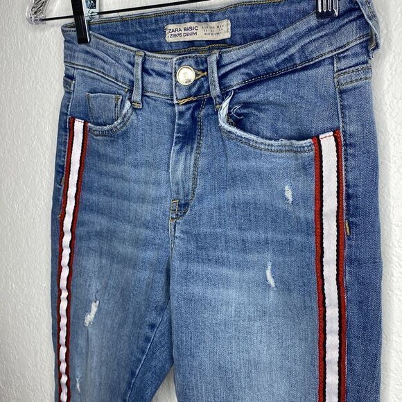 Zara Basic Denim Skinny Frayed Jeans W White & Red Stripe down Sides 2 - Picture 3 of 9